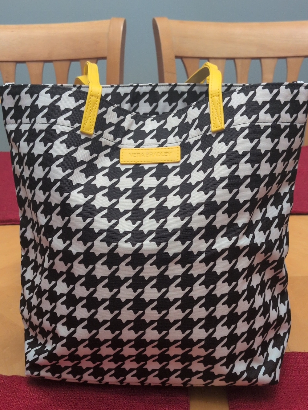 Vera Bradley Black & White Houndstooth Tote with Yellow Handles & Inside